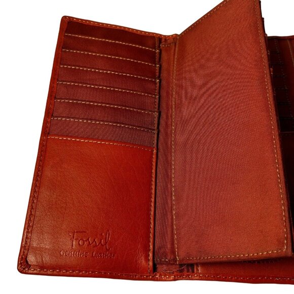 Fossil Genuine Leather Wallet Red Tri Fold 12 Card Slots Checkbook Flawed READ - Picture 10 of 16